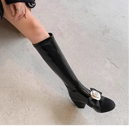 aichashi  -  Flower Round Toe Knee High Boots Block Heels Mixed Color Patchwork Women Sexy Sweet Autumn Fashion Boots Casual Shoes