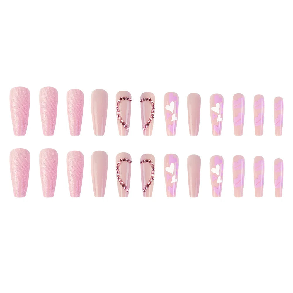 24 Pcs Glossy Long Ballerina Press On Nails Pink Heart Pattern Fake Nails With Rhinestone Shiny Artificial Reusable False Nails