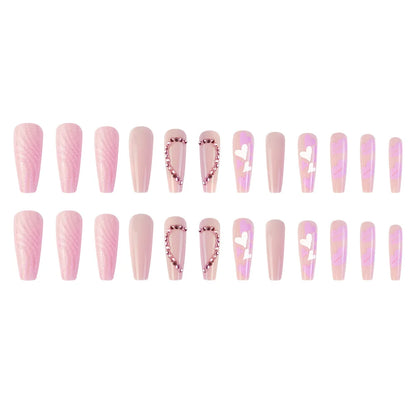 24 Pcs Glossy Long Ballerina Press On Nails Pink Heart Pattern Fake Nails With Rhinestone Shiny Artificial Reusable False Nails