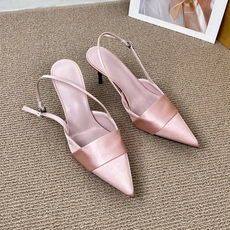 aichashi  -  Sexy Pointed Toe Silk Slingback Pumps Women Summer Office Lady comfort Heeled Sandals Elegant Stiletto High Heels Party