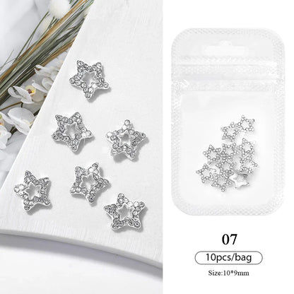 Aichashi 10pcs/bag Butterfly Shaped Nail Rhinestone Star Flower Nail Charm Silver Gold Alloy Nail Pearl Jewelry Accessories Nail Supplies