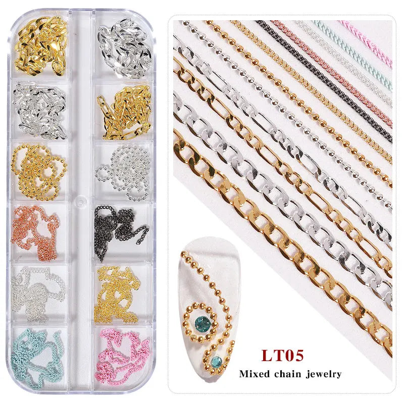 12 Grid Mixed Style Nail Chain Jewelry For DIY Art Decoration Fashion Metal Nails Accessories For Manicure Design