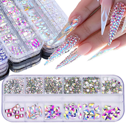 12 Grids/Box Multi-Size Nail Art Rhinestone Decorations AB Crystal Diamond Gems 3D Nails Glitter Glass Non Hotfix Strass Jewelry