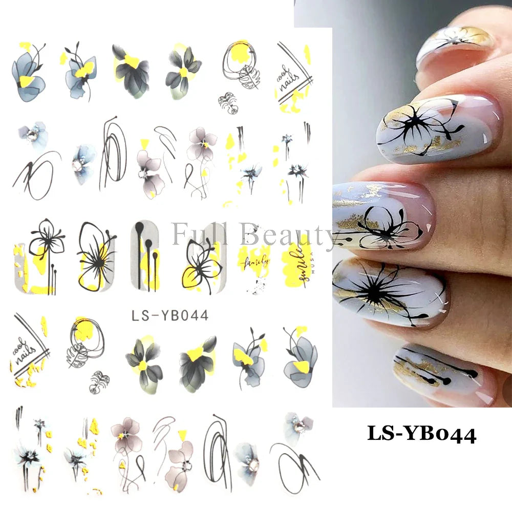 Aichashi 5D Embossed Nail Stickers Flowers Bird Geometric Lines Gold Frame Floral Nail Decals Cherry Blossom Y2K Manicure Decor