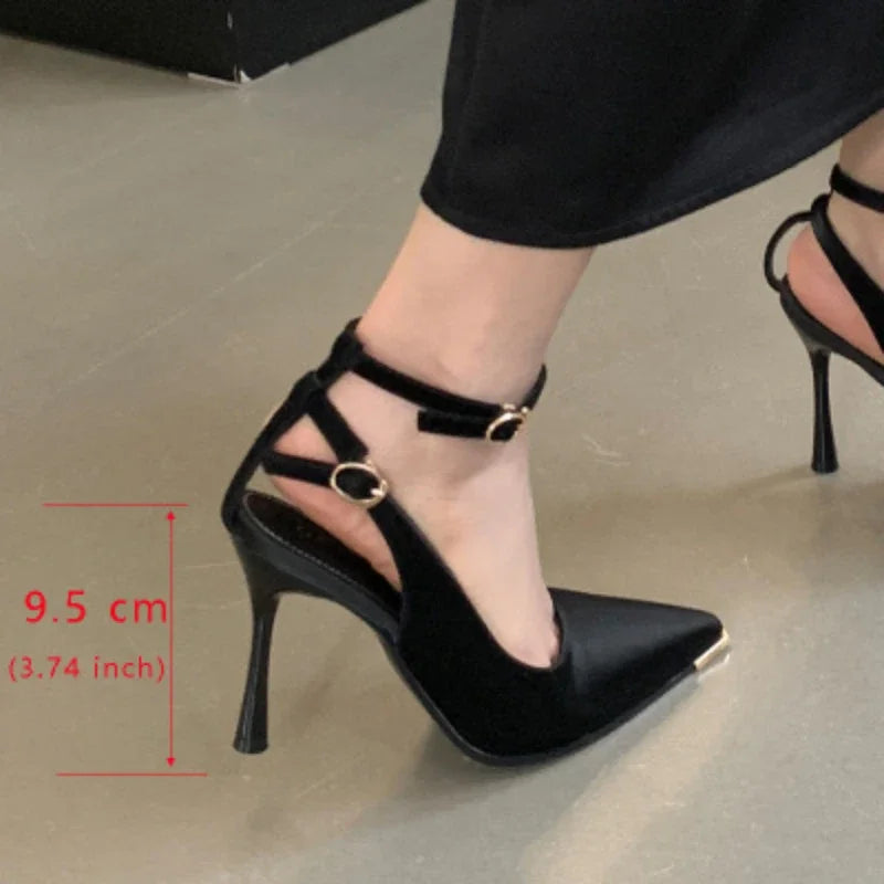 aichashi  -  Elegant Woman Heeled Shoes Designer Luxury Metal Pointed Toe Thin High Heels Pumps Ankle Buckle Comfortable Party Dress Shoes