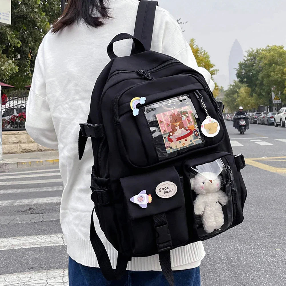 Aichashi Fashion Japanese Nylon Bookbags with Plush Pendant Summer New Student Kawaii Backpack Large Capacity Woman College Rucksack