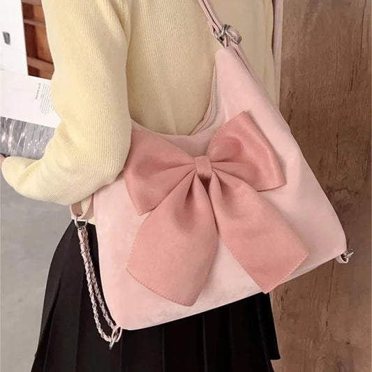 aichashi Pink Bow Womens Shoulder Bag Korean Style Fashion Large Capacity Sweet Backpack Cute Exquisite Elegant New Female Tote Bag