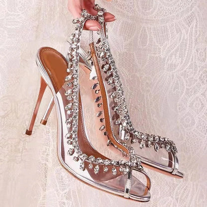 aichashi  -  Silver Pink PVC Clear Heeled Sandals Women Pumps Sexy Rhinestones Thin High Heels Shoes Pointed Toes Party Nightclub Sandals