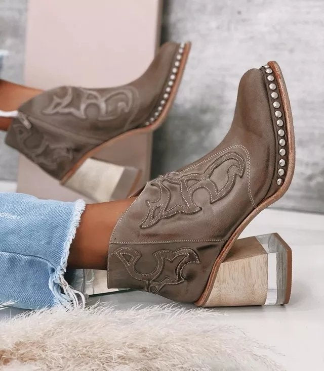 Aichashi Leather Women Ankle Boots Women's Shoes Low Heel Cool British Embroidered Design Soft Short Boots Party Women Footwear