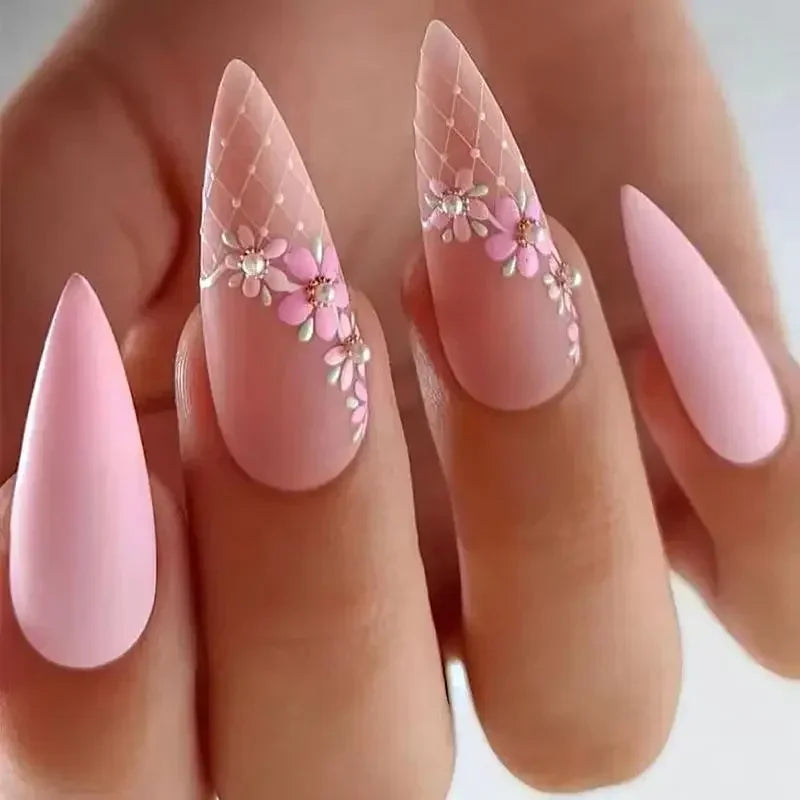 24Pcs Frosting False Nail almond with Golden Glitter Designs French Rhinestone Manicure Stiletto Fake Nails Set Press on Nails