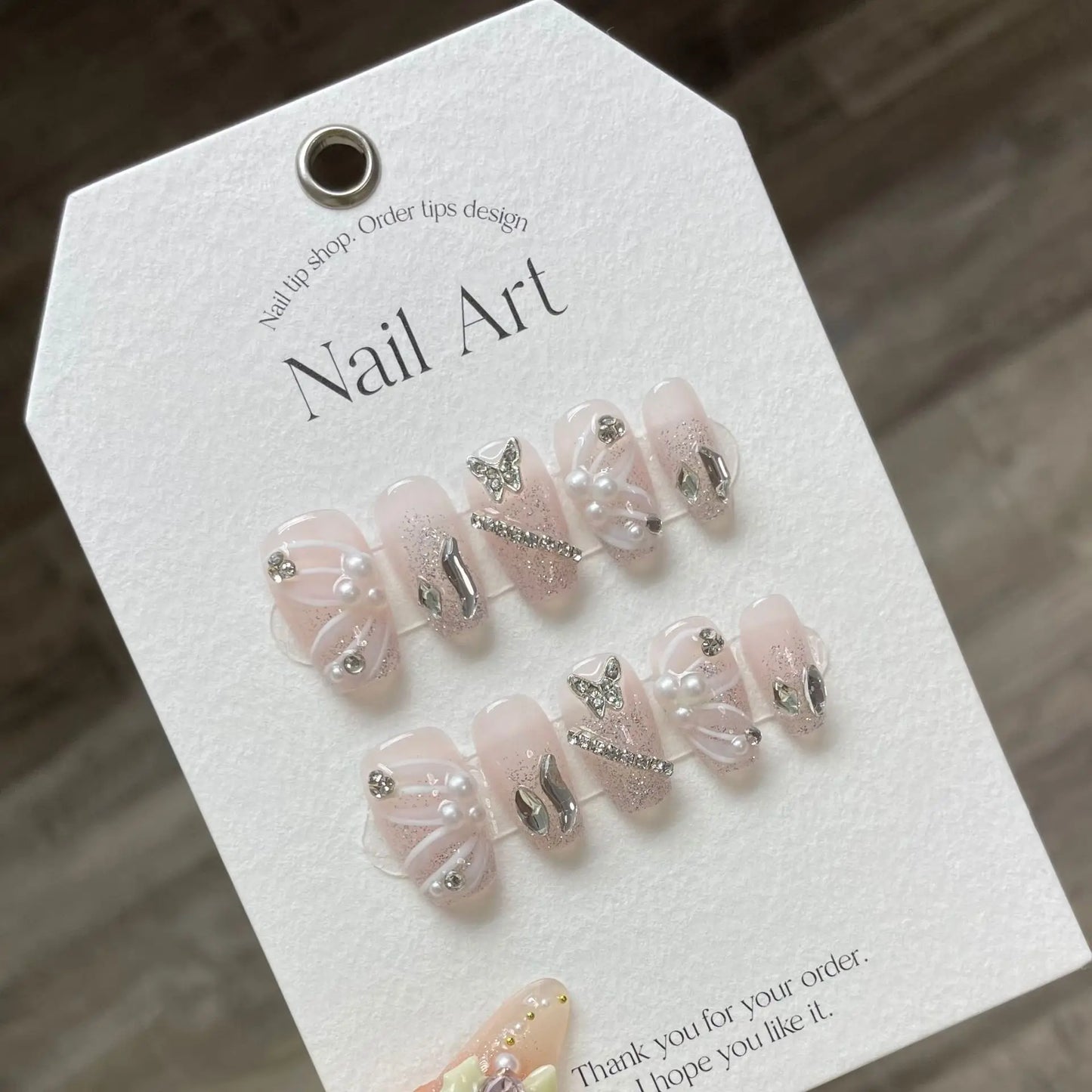 Aichashi 10Pcs Handmade Press On Nails Pink Fake Nails 3D Love Heart Moon Butterfly Rhinestone Design Y2k False Nail Full Cover Nail Tips