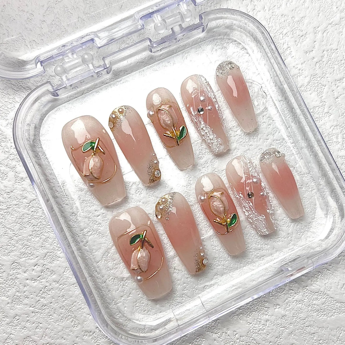 10pc detachable long ballet green false nails with Camellia butterfly full cover press on acrylic nail coffin korean style nails