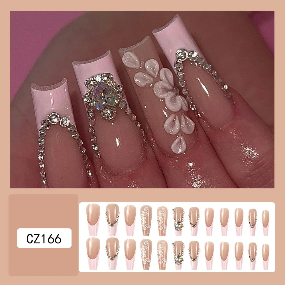 Aichashi 24 Pcs Glossy Long Ballerina Press On Nails Pink French Style Fake Nails With Rhinestone Shiny Artificial Reusable False Nails