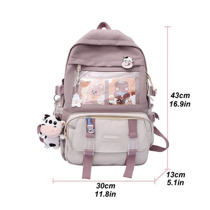 Aichashi Fashion Japanese Nylon Bookbags with Plush Pendant Summer New Student Kawaii Backpack Large Capacity Woman College Rucksack