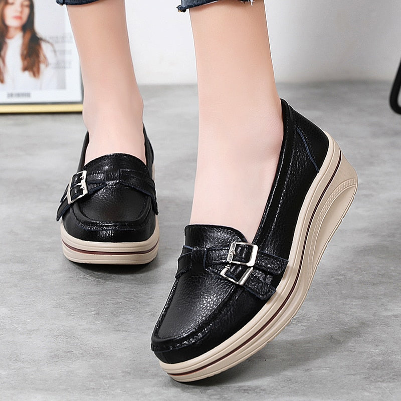 Aichashi New Spring Autumn Women Flats Platform Loafers Ladies Leather Comfort Wedge Moccasins Orthopedic Slip On Casual Shoes 35-42