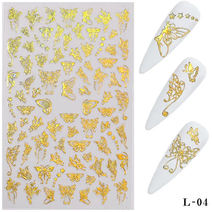 Aichashi 3D Laser Nail Stickers for Nail Art Decorations Gold Sliver Butterfly Nail Bronzing Stereoscopic Decals