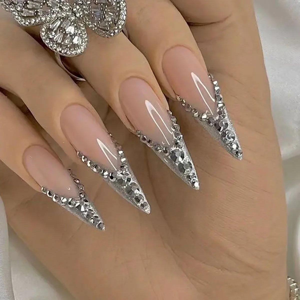 24Pcs Long Stiletto False Nails with Glue Almond Fake Nails with Gold Foil Gradient Green Full Cover Nail Tips Press on Nails