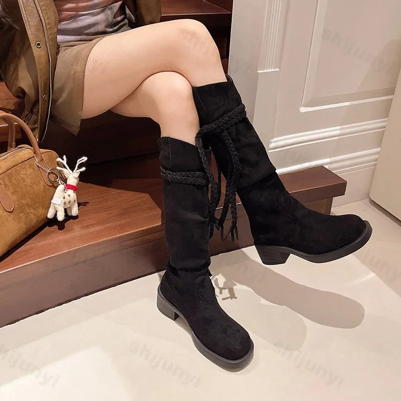 aichashi  -  Women Suede Knee High Boots New Fashion Tassels Western Cowboy Boots Round Toe High Heels Shoes Roman Female Long Boots