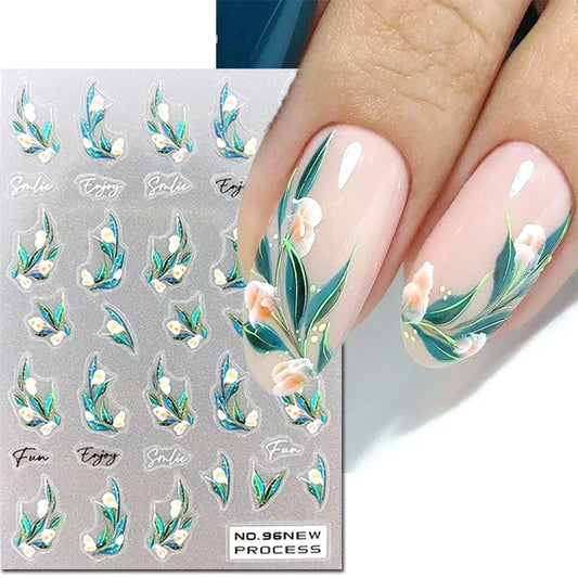 Aichashi 3d Nail Art Decals New Ultrathin Champagne Color Flowers Green Leaves Adhesive Sliders Nail Stickers Decoration For Manicure