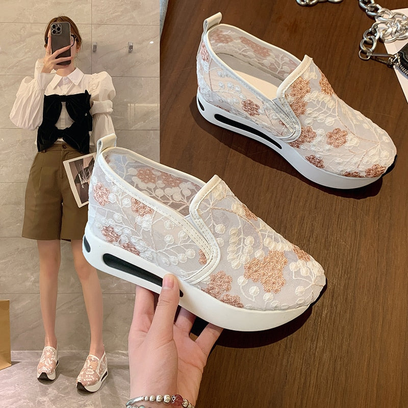 Aichashi Female Wedge Shoes Sequin Mesh Breathable Shoes Women White Gold Platform Sneakers Women Height Increasing Wedges Shoes Casual