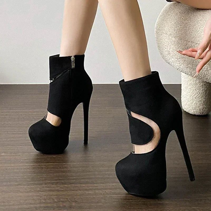 aichashi  -  Sexy 16cm Super High Heel Ankle Boots for Women PVC Suede Patchwork Short Boots Nightclub Stripper Pole Dance Boots Big Size 45