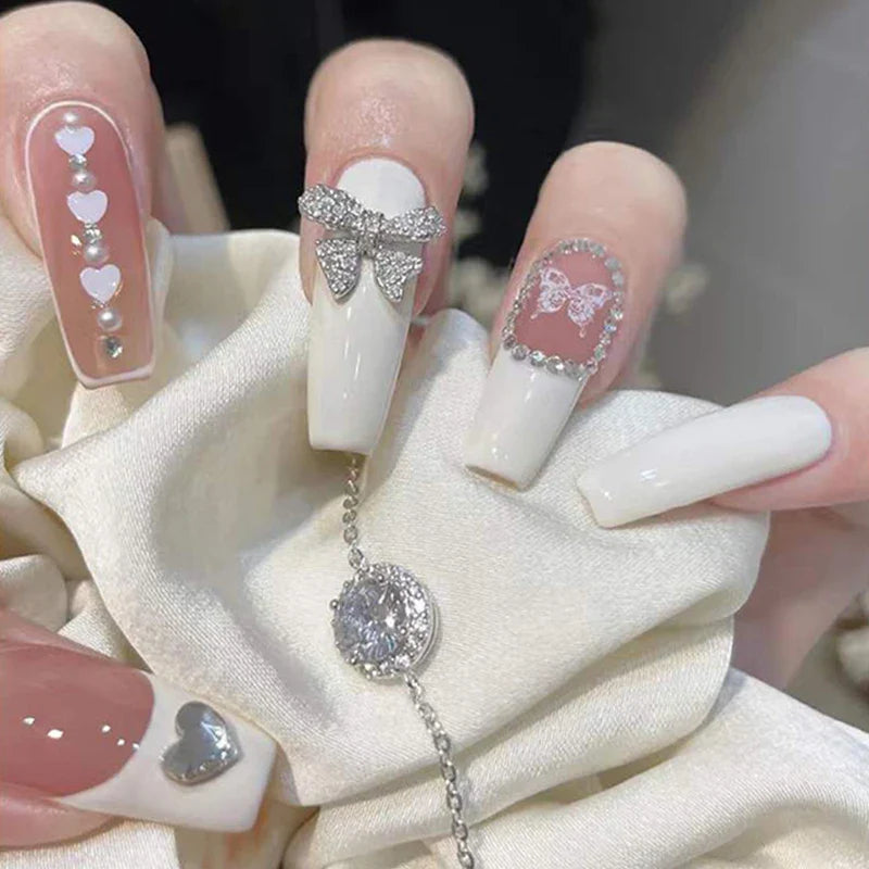 24PCS Glitter Press On Nails Korean Style Heart Rhinestone Design Coffin Fake Nails Full Cover Acrylic Nails Tips for girls Gift