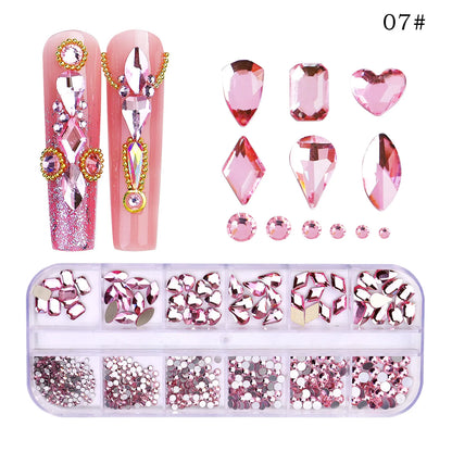 12 Grids/Box Multi-Size Nail Art Rhinestone Decorations AB Crystal Diamond Gems 3D Nails Glitter Glass Non Hotfix Strass Jewelry