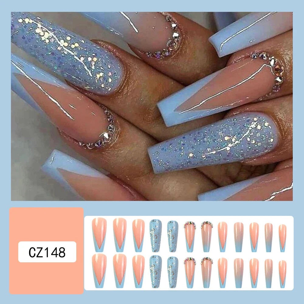 24 Pcs Glossy Ballerina Press On Nails Pink French Style Glitter Fake Nail With Rhinestone Shiny Artificial Reusable False Nails