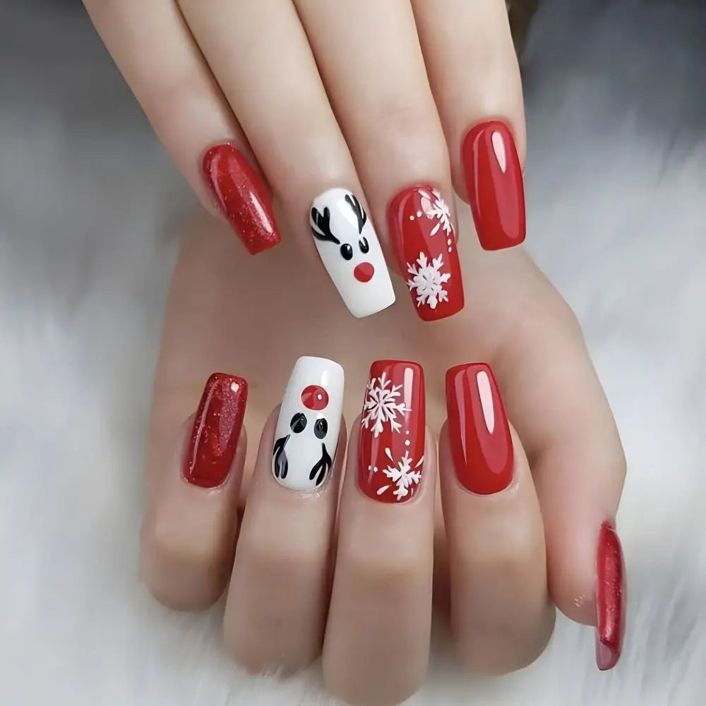 24pcs Christmas Snowflake Fake Nails Mid length Square Head French Ballet Nail Press on Nails Waterproof Faux Fingernails