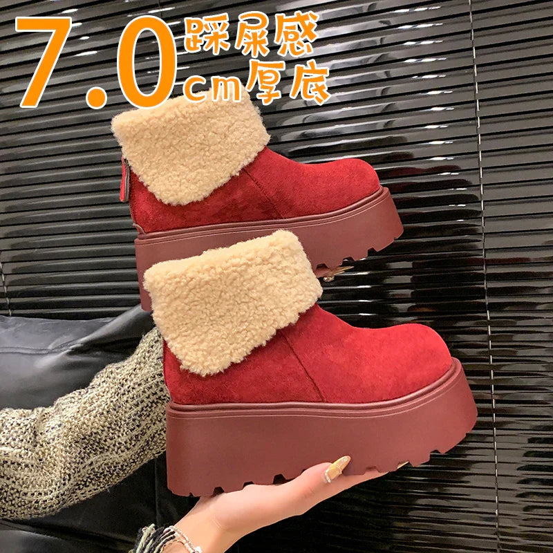 aichashi  -  Winter Plush Women Snow Boots Fashion Warm Short Booties Autumn Winter Women's Platform Heel Shoes