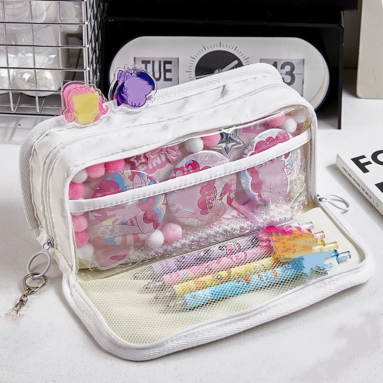 Aichashi BACK TO SCHOOL Black & White Pencil Bag Pen Case Transparent Front Belt Buckle Multi Pocket Storage Pouch Stationery