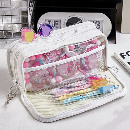 Aichashi BACK TO SCHOOL Black & White Pencil Bag Pen Case Transparent Front Belt Buckle Multi Pocket Storage Pouch Stationery