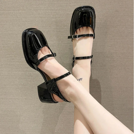 aichashi  -  New Mary Jane Shoes Buckle Pumps Women Thick Heels Elegant Shallow Square Toe Footwear Brand Fashion High Heels Women's Sandals