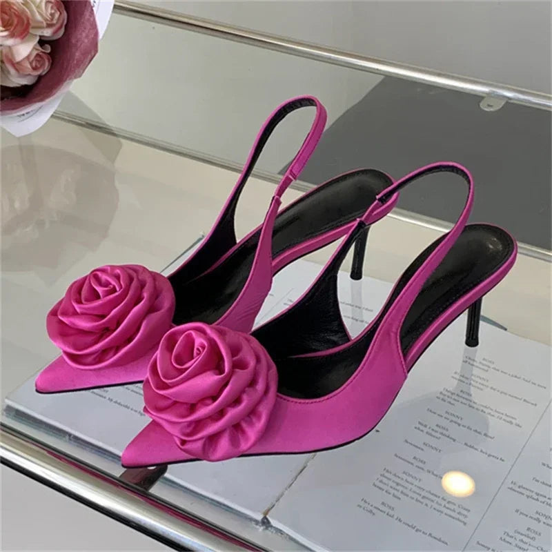 aichashi  -  Sweet Silk Slingback Pointed Toe Women Pumps Summer Fashion Flowers Design Sandals for Women Luxury Thin High Heels Party Shoes