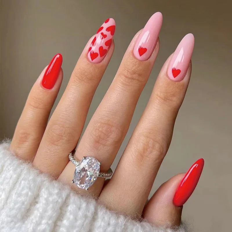 24Pcs Almond False Nails With Tools Cute Heart Strawberry Chili Design French Checkerboard ABS Press On Nails Fake Tips Wearable