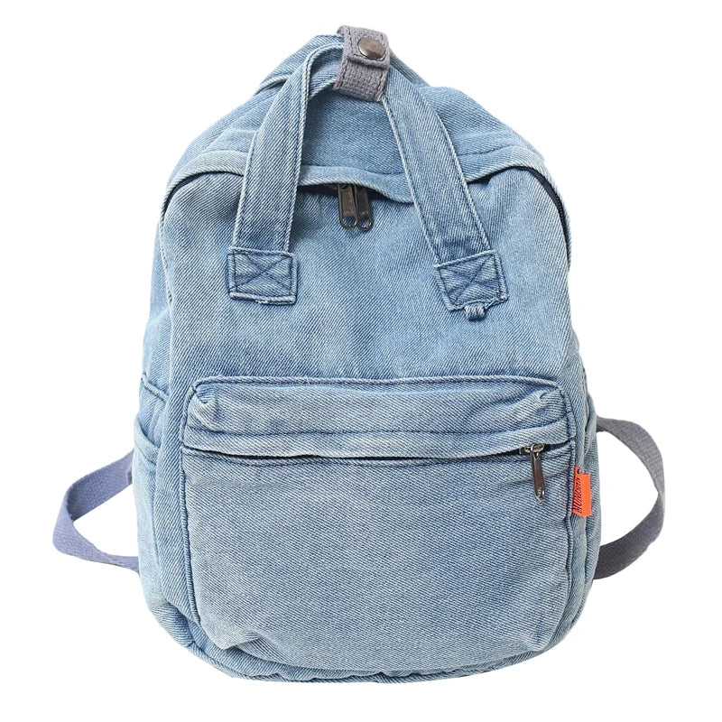 Aichashi BACK TO SCHOOL Casual Denim Student Bag Portable Multi-functional Travel Backpack Light Blue Fashionable Denim Backpack