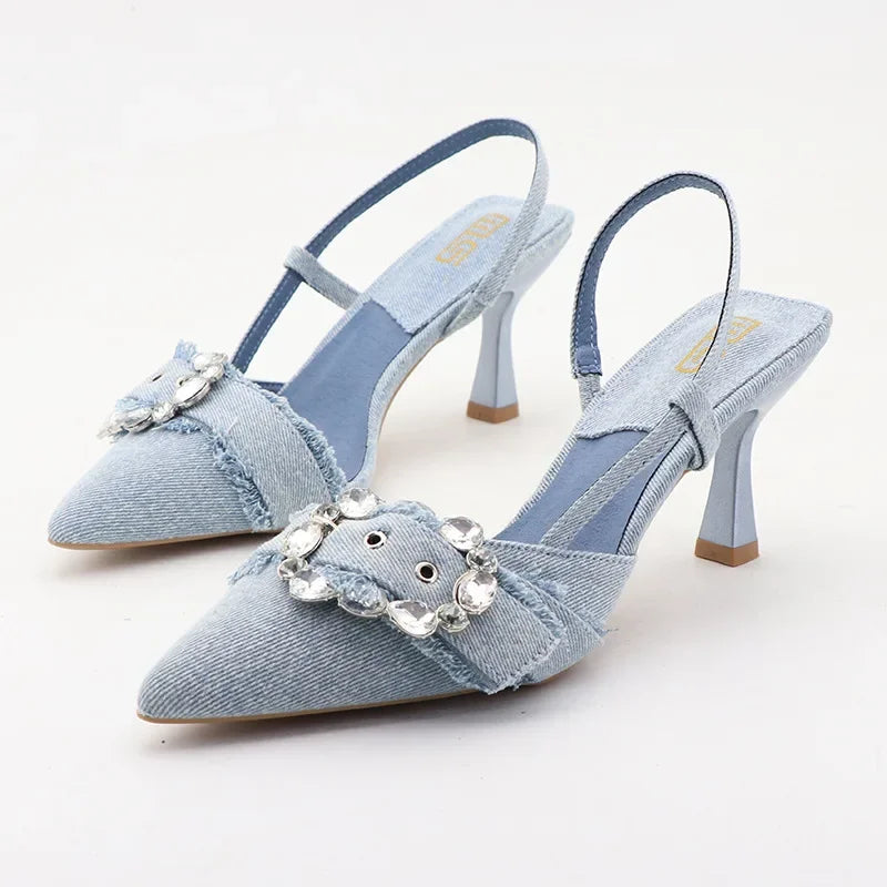 aichashi  -  Denim Rhinestone Blue High Heels Sandals Designer Summer Office Women Shoes Pointed Toe Low Heel Elegant Jean Ladies Shoes Pumps