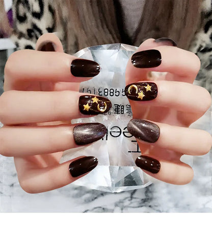 24pcs detachable cat eyes red wine false nails with glue full cover ballet square almond shiny acrylic press on fake nails tips