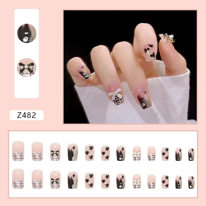 24Pcs Blusher Halo Dyeing  Love French Press on Nails Reusable False Nail Removable Fake Nails Short Round Coffin Nail with Glue