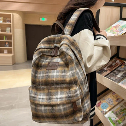 Aichashi BACK TO SCHOOL Vintage Plaid Woollen Cloth Women's Backpack Student Book Backpacks for Teenage Girls School Bags Large CapacityTravel Rucksack