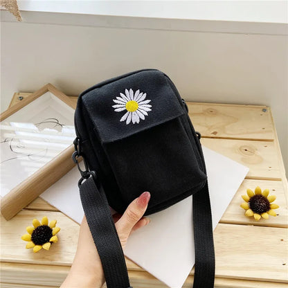 Aichashi Little Daisy Women's Crossbody Bag New Korean Canvas Mini Shoulder Bag Simple and Versatile Small Phone Bag