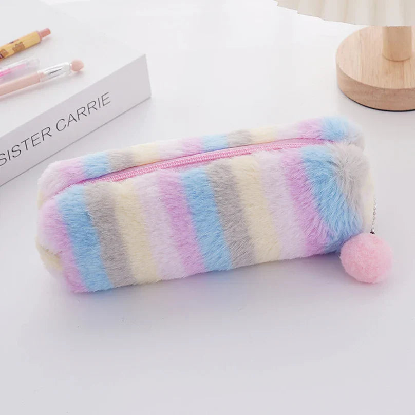 Aichashi BACK TO SCHOOL Rainbow Pencil Case Plush Estuches Escolares Pencilcase Gradient Color Large Capacity Kalemlik School Supplies Pencil Pouch