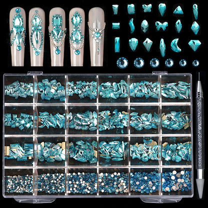 24grids Mixed Shapes Jewelry Luxury Shiny Diamond For Nail Art Decorations DIY Glass Crystal Set with Dot Drill Pen