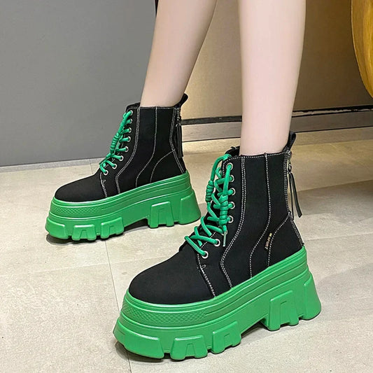 Aichashi Green Punk Chunky Platform Ankle Boots for Women Autumn Winter Thick Bottom Motorcycle Boots Wedges Gothic Shoes Woman