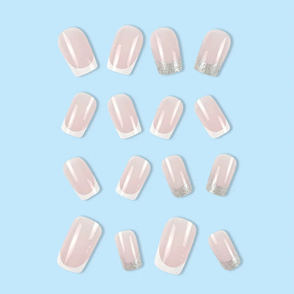 24 Pcs Glossy Long Square Press On Nails Pink French Style Fake Nails With Rhinestone Shiny Artificial Reusable False Nails