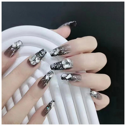 24Pcs Luxury Fake nail tips Women Wearable Press on Nails with Gold Glitter Diamond Full Cover Coffin Artificial Nails Tips