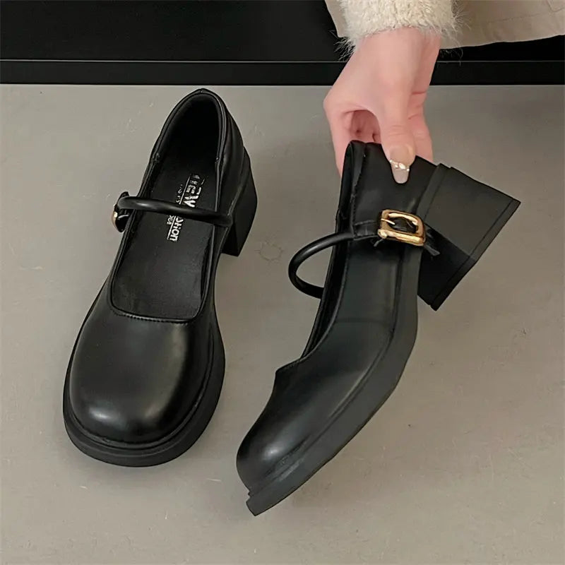 Aichashi College Style Lolita Shoes Women's Student Retro Round Toe Mary Jane Shoes Shallow Buckle Thick Sole Single Shoes Women's Shoes