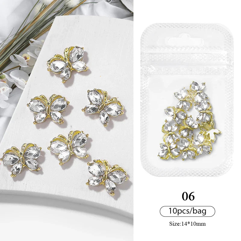 Aichashi 10pcs/bag Butterfly Shaped Nail Rhinestone Star Flower Nail Charm Silver Gold Alloy Nail Pearl Jewelry Accessories Nail Supplies