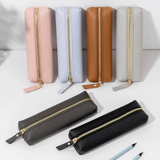 Aichashi BACK TO SCHOOL Simple Pu Leather Pen Bag Solid Color Large Capacity Soft Stationery Bag Pen Case Zipper Pencil Pouch Student School Supplies