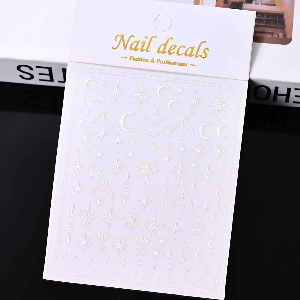 3D Gold Sun/Moon/Star Bronzing Nail Art Sticker 8*10cm Laser Star Moon Design Nail Decal Gold Silver Self-Adhesive Slider